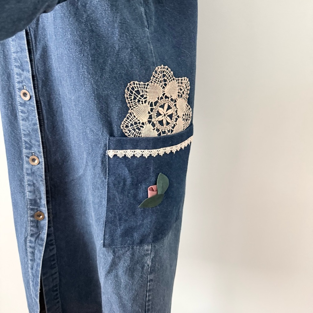 🌸 Grandma Core Reworked Denim Midi Dress Lace Butterfly Cottagecore 🦋 - Picture 7 of 15